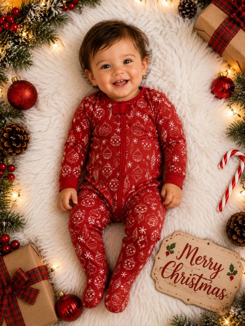 NWT Macy's Family PJs Christmas Footed Sleeper 18M Red Ornament Print